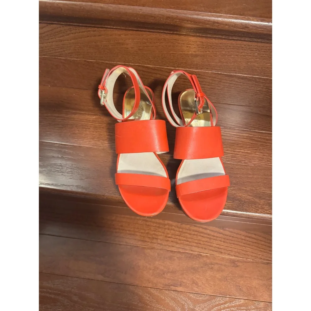 Michael Kors Women's Posey Orange Red Leather Platform Wedge Sandals Sz 8